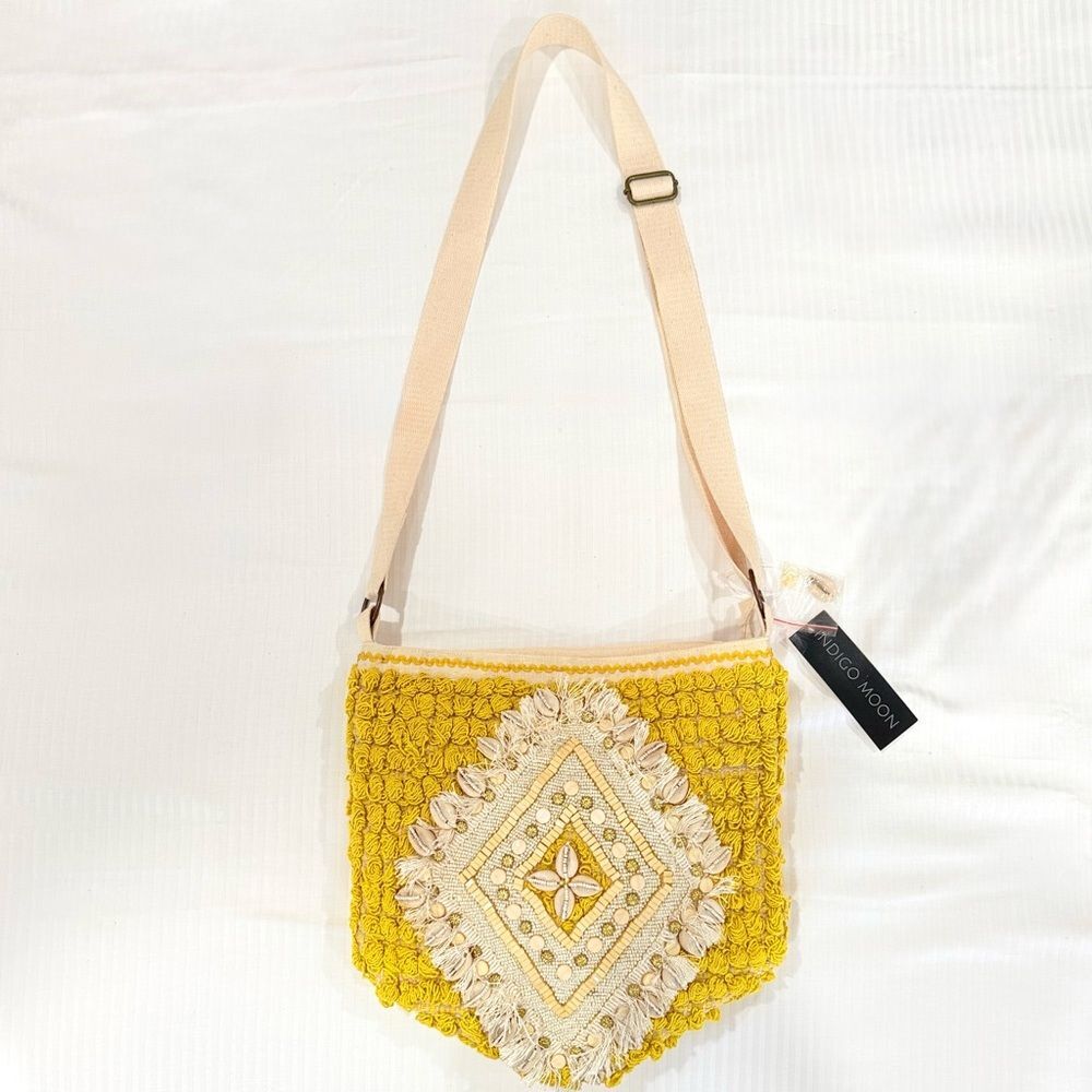 Indigo Moon Vintage Beaded Purse Crochet Mustard Yellow Crossbody NWT